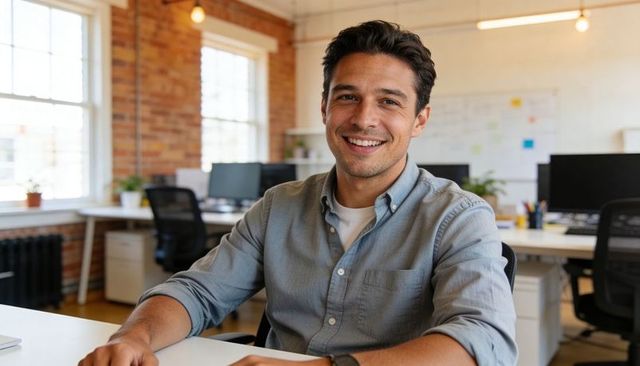 Smiling professional at desk in modern loft office, collaborating and boosting productivity