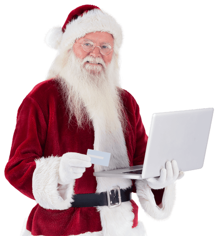Transparent Santa Using Laptop for Online Shopping