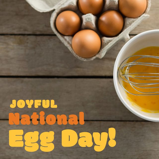 Joyful National Egg Day text with brown eggs by whisk and yolk on table - Download Free Stock Templates Pikwizard.com