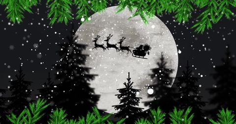 Santa Claus in Sleigh Flying Over Snowy Winter Forest