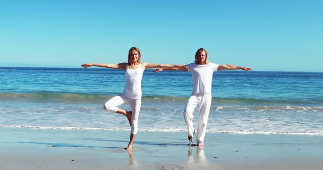 Couple performing yoga at beach on a sunny day 4k - Download Free Stock Photos Pikwizard.com