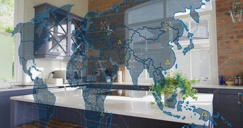 Projecting holographic world map over modern kitchen island with minimalist design