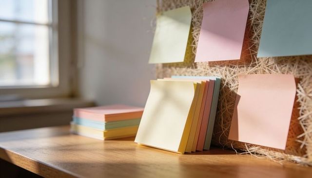 Sunlit pastel sticky notes catching light on wooden desk with straw-fiber board by window