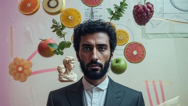 Surreal portrait of man in suit with fruit and bust