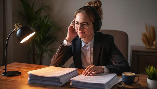 Businesswoman reviewing document stacks at desk wearing headset and glasses under lamp