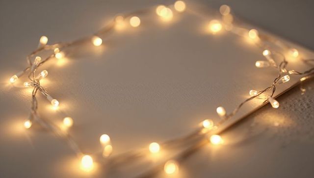 Warm fairy lights forming soft glowing frame around blank card with bokeh and cozy twinkle