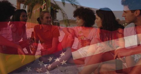 Friends enjoying patriotic beach party at sunset with american flag overlay