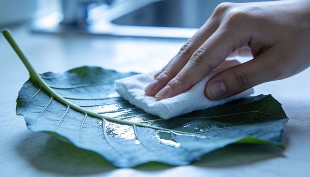 Hand wiping water droplets from large green leaf with cloth on kitchen counter