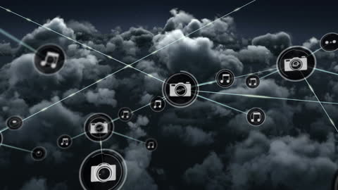 Digital Network of Media Icons in Cloudy Sky