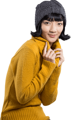 stylish woman in cozy yellow sweater and knit hat transparent background - Download Free Stock Videos Pikwizard.com