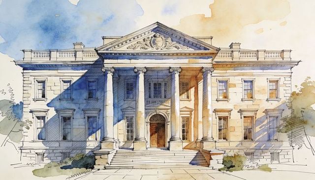 Neoclassical mansion facade with grand portico and classical columns with sunlit shadows