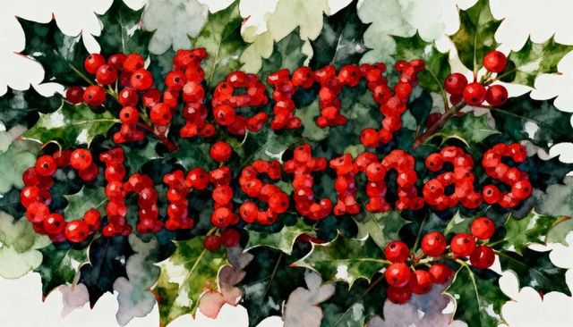 Watercolor holly berries forming merry christmas lettering on textured paper