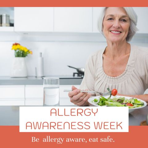 Senior Woman Promoting Allergy Awareness Week with Health Food