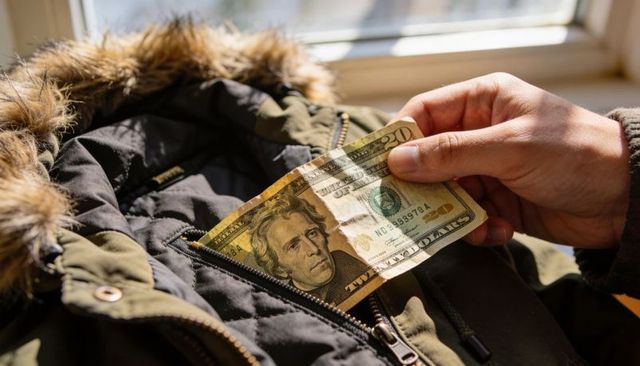 Right hand sliding twenty-dollar bill into olive parka pocket by sunlit window