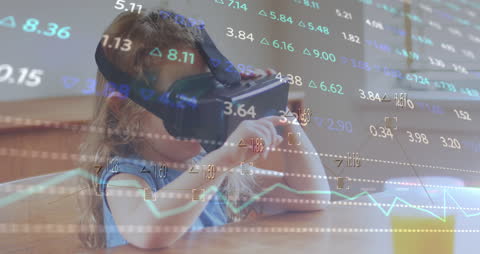 Girl Exploring Virtual World Overlaid with Financial Data