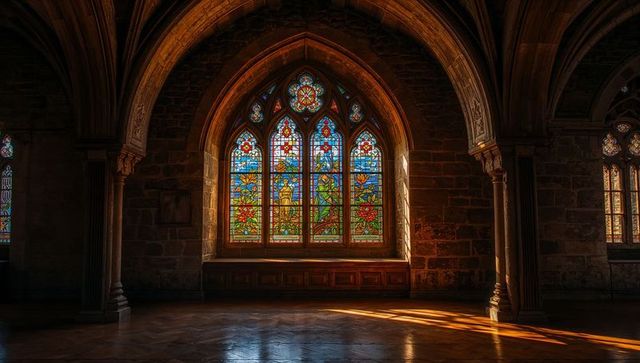 Intricate stained glass illuminating gothic cathedral hall