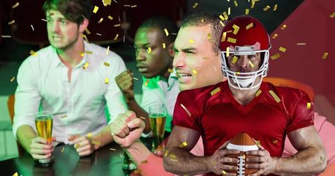 Friends Enjoying Football Party at Bar with Confetti Overlay