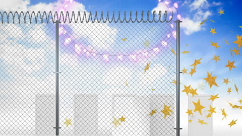 Festive Fence with Falling Stars on Cloudy Sky