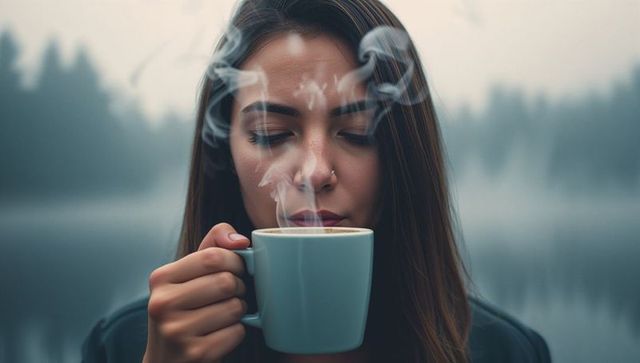 Woman Enjoying Morning Coffee by Foggy Lakeside