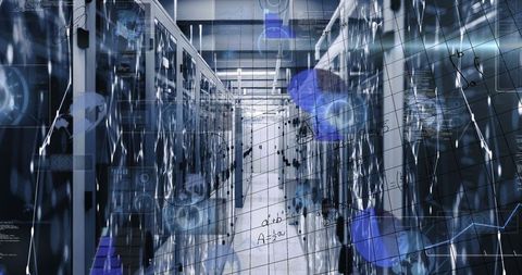 Futuristic data center aisle with technology overlays