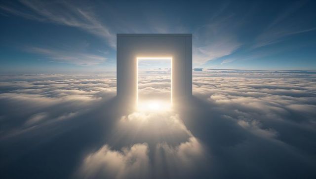 Floating illuminated portal emitting golden sunrise rays above endless cloudscape