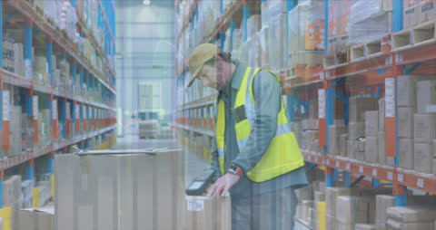 Warehouse Worker Analyzing Inventory Amidst Digital Data Graphs