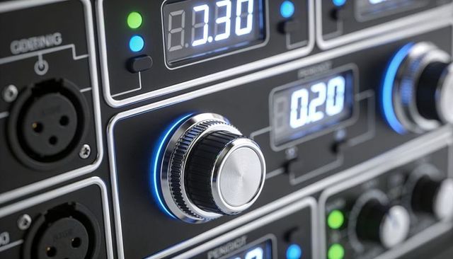 Studio rack control knob glowing blue halo with chrome rotary dial and XLR connectors