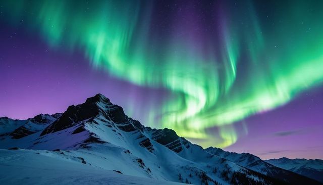 Aurora borealis swirling above snow-covered mountain summit under violet night sky