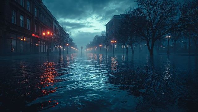 Moody Urban Flooded Street at Dusk with Glowing Reflections