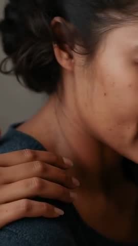 Intimate closeup of woman placing hand on shoulder while turning head vertical portrait video