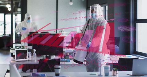 Professionals in ppe suits disinfecting modern office space