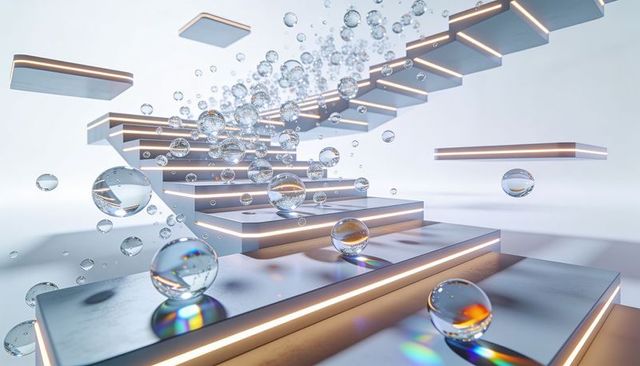 Floating illuminated staircase with glass orbs and diagonal light trails in minimalist space