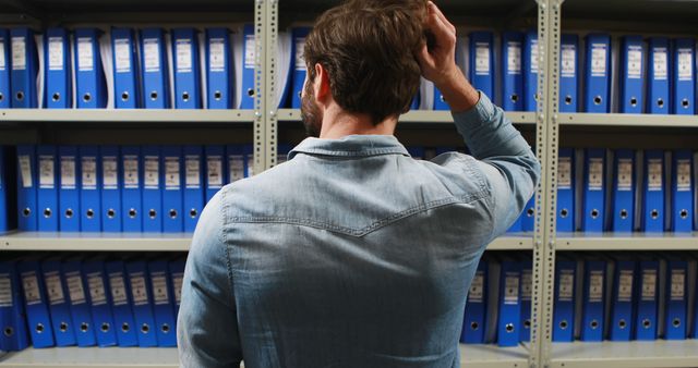 Man facing shelves of blue binders and scratching head in confusion - Download Free Stock Images Pikwizard.com