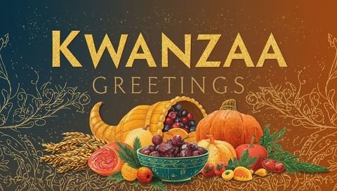 Kwanzaa greetings cornucopia with pumpkins, fruit bowl, harvest abundance and gold letters