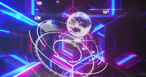 Futuristic Global Hologram Animation in Neon Tunnel