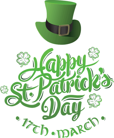 Happy St. Patrick's Day Text with Green Hat and Shamrocks on Transparent Background