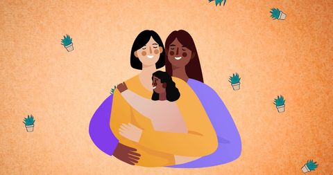 Happy Family Embracing Against a Red Backdrop