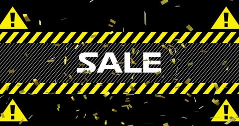 Festive sale announcement with warning tape and confetti