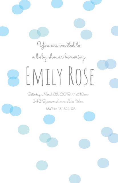 This baby shower invitation template offers a minimalist and elegant design featuring soft blue polka dots on a white background. It is perfect for baby shower or birthday celebrations, providing a festive and inviting atmosphere. Easily customizable to include personalized details, this template is ideal for creating unique, printable invitations for your special event.