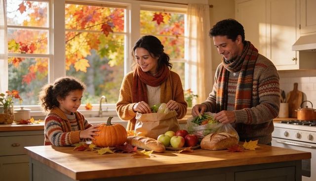 Family unpacking autumn groceries in cozy sunlit kitchen with pumpkin and knit sweaters