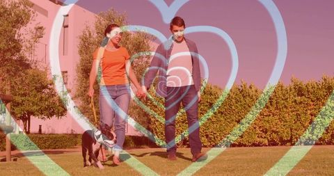 Romantic couple walking with dog amid heart overlay
