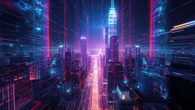 Futuristic Cyberpunk Cityscape with Neon Light Trails at Night