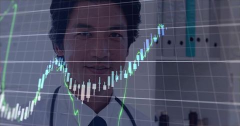 Doctor Wearing Stethoscope with Candlestick Chart Overlay Showing Healthcare Finance Trend