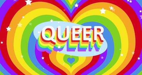 Dynamic Queer Text with Rainbow Heart Background