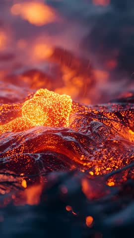 Vertical volcanic footage showcasing molten lava nugget pulsing on crust ejecting glowing sparks