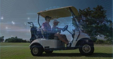 Two golfers navigating fairway in electric cart with augmented reality HUD overlay
