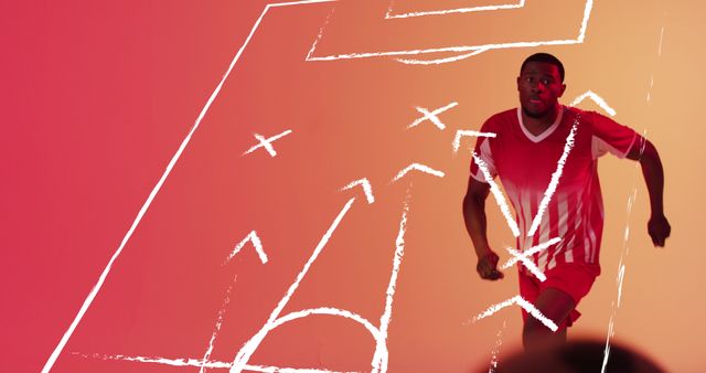 Soccer Player Running with Digital Strategy Overlay on Red Background - Download Free Stock Images Pikwizard.com