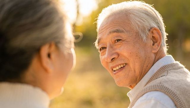 Smiling asian senior man chatting warmly with partner during golden hour in sunlit park