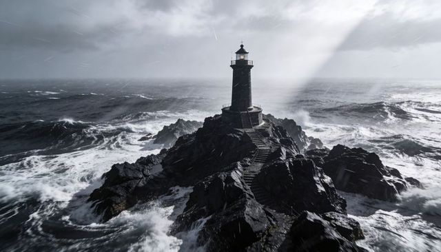 Standing solitary lighthouse shining beacon through storm on rugged rocky promontory