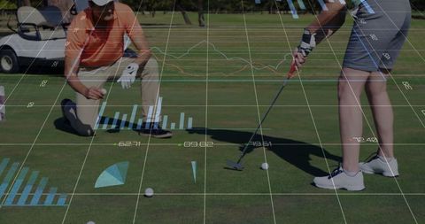 Golfer Calculating Shot on Putting Green with Data Visualization Overlay